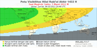HilalMap: Peta Visibilitas Hilal Rabiul-Akhir 1432 H: rukyat tanggal 2011-3-5 M