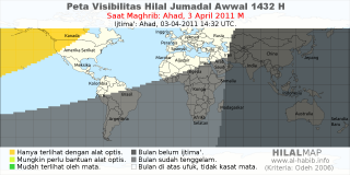 HilalMap: Peta Visibilitas Hilal Jumadal-Awwal 1432 H: rukyat tanggal 2011-4-3 M