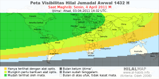 HilalMap: Peta Visibilitas Hilal Jumadal-Awwal 1432 H: rukyat tanggal 2011-4-4 M