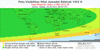HilalMap: Peta Visibilitas Hilal Jumadal-Akhirah 1432 H: rukyat tanggal 2011-5-4 M