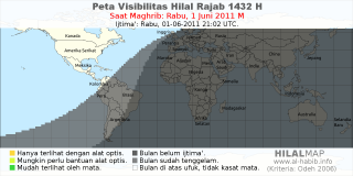 HilalMap: Peta Visibilitas Hilal Rajab 1432 H: rukyat tanggal 2011-6-1 M