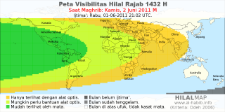 HilalMap: Peta Visibilitas Hilal Rajab 1432 H: rukyat tanggal 2011-6-2 M