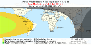 HilalMap: Peta Visibilitas Hilal Syaban 1432 H: rukyat tanggal 2011-7-1 M
