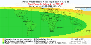 HilalMap: Peta Visibilitas Hilal Syaban 1432 H: rukyat tanggal 2011-7-2 M