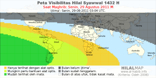 HilalMap: Peta Visibilitas Hilal Syawwal 1432 H: rukyat tanggal 2011-8-29 M