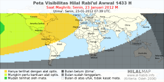 HilalMap: Peta Visibilitas Hilal Rabiul-Awwal 1433 H: rukyat tanggal 2012-1-23 M