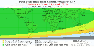 HilalMap: Peta Visibilitas Hilal Rabiul-Awwal 1433 H: rukyat tanggal 2012-1-24 M