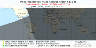 HilalMap: Peta Visibilitas Hilal Rabiul-Akhir 1433 H: rukyat tanggal 2012-2-21 M