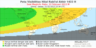 HilalMap: Peta Visibilitas Hilal Rabiul-Akhir 1433 H: rukyat tanggal 2012-2-22 M
