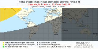 HilalMap: Peta Visibilitas Hilal Jumadal-Awwal 1433 H: rukyat tanggal 2012-3-22 M