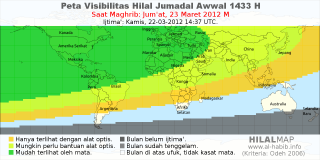HilalMap: Peta Visibilitas Hilal Jumadal-Awwal 1433 H: rukyat tanggal 2012-3-23 M