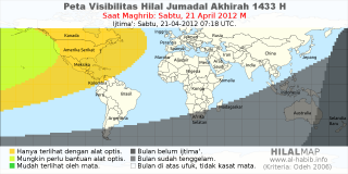 HilalMap: Peta Visibilitas Hilal Jumadal-Akhirah 1433 H: rukyat tanggal 2012-4-21 M