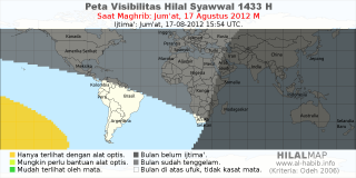 HilalMap: Peta Visibilitas Hilal Syawwal 1433 H: rukyat tanggal 2012-8-17 M
