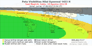 HilalMap: Peta Visibilitas Hilal Syawwal 1433 H: rukyat tanggal 2012-8-18 M