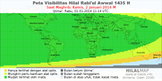 HilalMap: Peta Visibilitas Hilal Rabiul-Awwal 1435 H: rukyat tanggal 2014-1-2 M