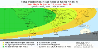 HilalMap: Peta Visibilitas Hilal Rabiul-Akhir 1435 H: rukyat tanggal 2014-1-31 M