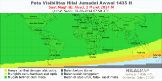 HilalMap: Peta Visibilitas Hilal Jumadal-Awwal 1435 H: rukyat tanggal 2014-3-2 M
