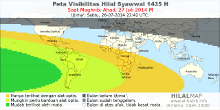 HilalMap: Peta Visibilitas Hilal Syawwal 1435 H: rukyat tanggal 2014-7-27 M