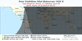 HilalMap: Peta Visibilitas Hilal Muharram 1436 H: rukyat tanggal 2014-10-23 M