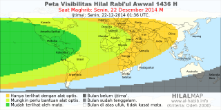 HilalMap: Peta Visibilitas Hilal Rabiul-Awwal 1436 H: rukyat tanggal 2014-12-22 M