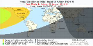 HilalMap: Peta Visibilitas Hilal Rabiul-Akhir 1436 H: rukyat tanggal 2015-1-20 M