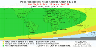 HilalMap: Peta Visibilitas Hilal Rabiul-Akhir 1436 H: rukyat tanggal 2015-1-21 M