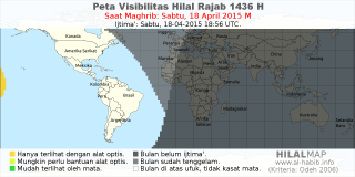 HilalMap: Peta Visibilitas Hilal Rajab 1436 H: rukyat tanggal 2015-4-18 M