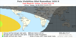 HilalMap: Peta Visibilitas Hilal Ramadhan 1436 H: rukyat tanggal 2015-6-16 M