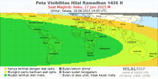 HilalMap: Peta Visibilitas Hilal Ramadhan 1436 H: rukyat tanggal 2015-6-17 M