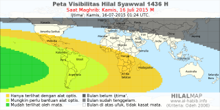 HilalMap: Peta Visibilitas Hilal Syawwal 1436 H: rukyat tanggal 2015-7-16 M
