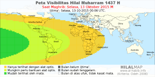 HilalMap: Peta Visibilitas Hilal Muharram 1437 H: rukyat tanggal 2015-10-13 M