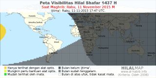 HilalMap: Peta Visibilitas Hilal Shafar 1437 H: rukyat tanggal 2015-11-11 M
