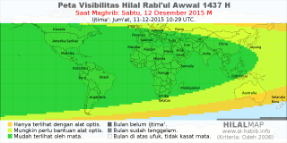 HilalMap: Peta Visibilitas Hilal Rabiul-Awwal 1437 H: rukyat tanggal 2015-12-12 M