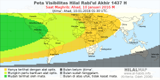HilalMap: Peta Visibilitas Hilal Rabiul-Akhir 1437 H: rukyat tanggal 2016-1-10 M