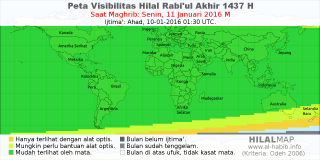 HilalMap: Peta Visibilitas Hilal Rabiul-Akhir 1437 H: rukyat tanggal 2016-1-11 M