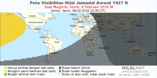 HilalMap: Peta Visibilitas Hilal Jumadal-Awwal 1437 H: rukyat tanggal 2016-2-8 M