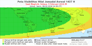 HilalMap: Peta Visibilitas Hilal Jumadal-Awwal 1437 H: rukyat tanggal 2016-2-9 M