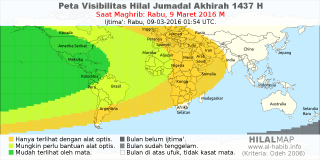 HilalMap: Peta Visibilitas Hilal Jumadal-Akhirah 1437 H: rukyat tanggal 2016-3-9 M