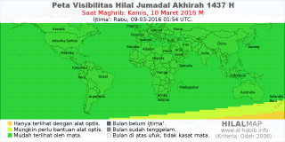 HilalMap: Peta Visibilitas Hilal Jumadal-Akhirah 1437 H: rukyat tanggal 2016-3-10 M