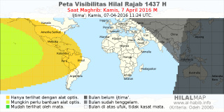 HilalMap: Peta Visibilitas Hilal Rajab 1437 H: rukyat tanggal 2016-4-7 M