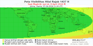 HilalMap: Peta Visibilitas Hilal Rajab 1437 H: rukyat tanggal 2016-4-8 M
