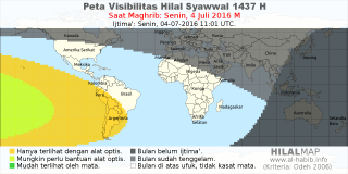 HilalMap: Peta Visibilitas Hilal Syawwal 1437 H: rukyat tanggal 2016-7-4 M
