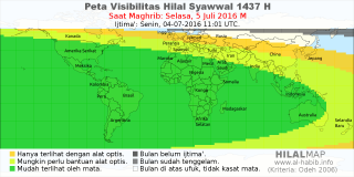 HilalMap: Peta Visibilitas Hilal Syawwal 1437 H: rukyat tanggal 2016-7-5 M
