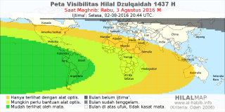 HilalMap: Peta Visibilitas Hilal Dzulqaidah 1437 H: rukyat tanggal 2016-8-3 M