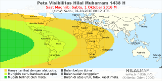 HilalMap: Peta Visibilitas Hilal Muharram 1438 H: rukyat tanggal 2016-10-1 M