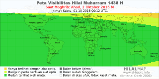 HilalMap: Peta Visibilitas Hilal Muharram 1438 H: rukyat tanggal 2016-10-2 M