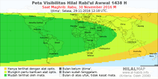 HilalMap: Peta Visibilitas Hilal Rabiul-Awwal 1438 H: rukyat tanggal 2016-11-30 M