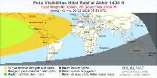 HilalMap: Peta Visibilitas Hilal Rabiul-Akhir 1438 H: rukyat tanggal 2016-12-29 M