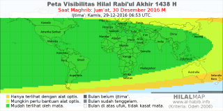 HilalMap: Peta Visibilitas Hilal Rabiul-Akhir 1438 H: rukyat tanggal 2016-12-30 M