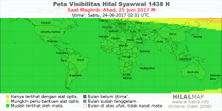 HilalMap: Peta Visibilitas Hilal Syawwal 1438 H: rukyat tanggal 2017-6-25 M